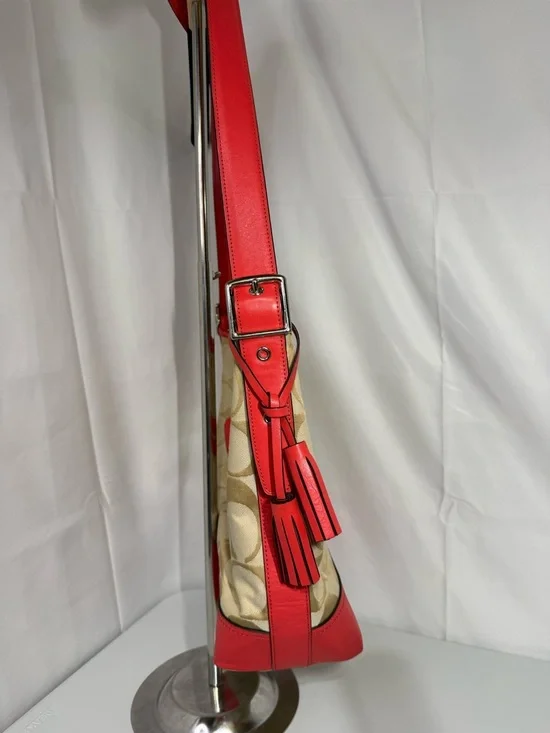 Coach Signature Canvas Red Leather Trim Large Shoulder Bag Hobo Tassel - Picture 8 of 16